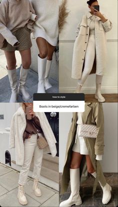 Cream Calf Boots Outfit, Light Beige Boots Outfit, Cream Long Boots Outfit, High Beige Boots Outfit, Beige Tights Outfit, Beige Long Boots Outfit, Flat Ankle Boots Outfit