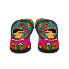 Inspired by the vibrant and expressive spirit of the iconic Mexican artist Frida , these bold design flip flops are a true work of art. Featuring a beautifully crafted painting of Frida's unmistakable face, this flip flops are perfect for anyone who loves her bold and colorful style.Prepare for an adventurous and carefree summer with a pair of these original slippers.The rubber sole is lined with a soft fabric to make sure you feel comfortable wherever your day takes you.