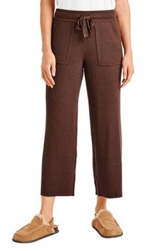 A soft and stretchy rib defines a pair of comfy-meets-chic crop pants perfect for casual days with friends, grabbing lunch or running errands. 25" inseam; 21" leg opening; 11" front rise; 12 1/2" back rise (size Medium) Drawstring waist Front slant pockets Viscose/nylon/polyester/cashmere Dry clean Imported Women's Clothing Relaxed Stretch Pants For Fall, Chic Cropped Leg Lounge Pants, Chic Cropped Leg Loungewear Pants, Casual Ribbed Brown Bottoms, Casual Brown Ribbed Bottoms, Ribbed Athleisure Bottoms For Fall, Fall Cropped Leg Loungewear Pants, Versatile Cropped Leg Loungewear Bottoms, Fall Cropped Leg Pants For Loungewear