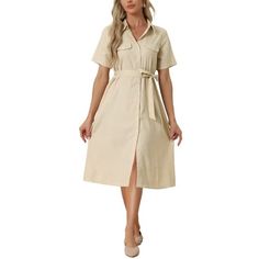 Women's Button up Shirt Dress Summer Short Sleeve Dress. Featuring a button-down front, this dress offers a polished and professional look. With fake pocket details, this dress adds a stylish element to the overall design. The included belt cinches at the waist, accentuating your figure and creating a flattering silhouette. Pair it with heels or ankle boots for a sophisticated office look, or dress it down with sneakers or sandals for a more casual and laid-back ensemble. Size: M.  Color: White. Dresses With Belts Casual, Shirt Dress With Belt, Casual T Shirt Dress, Short Sleeve Midi Dress, Shirt Dress Summer, Dot Print Dress, Button Down Shirt Dress, Short Sleeve Dress Shirt, Belted Shirt Dress