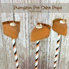 three pumpkin pie cake pops on top of each other with candy sticks sticking out of them