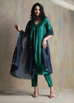 Charkhee-Emerald Green Chanderi Kurta Set-INDIASPOPUP.COM Sleeveless Kurta, Flared Palazzo, Chanderi Dupatta, Sustainable Clothing Brands, Circular Mirror, Palazzo Set, Blue Mirror, Blue Mirrors, Mirror Work