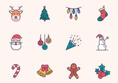 christmas icons on a white background, including santa's stocking and other holiday items