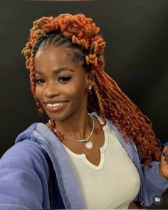 Embrace boldness with these ginger-orange dreadlocks styled in a high-volume crown of curls. This vibrant look combines warm hues and a unique shape, perfect for anyone looking to make a statement with their hair. #GingerLocs #OrangeDreadlocks #CurlyLocs #BoldHairstyles #LocStyles #ProtectiveStyles #UniqueLocs #DreadlockFashion Orange Dreadlocks, Ginger Faux Locs, Full Curls, Locs Styles, Loc Styles, Fall Hair Color, Faux Locs, Winter Hairstyles