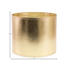 a brass colored candle holder with measurements for the size and width, on a white background