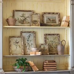 a shelf filled with pictures and books on top of it