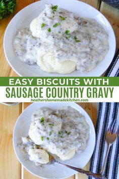 two plates filled with biscuits and gravy on top of a wooden table next to silverware