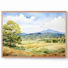 a watercolor painting of mountains and trees on a sunny day with clouds in the sky