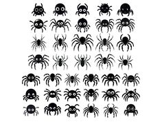 a large group of black and white spider silhouettes on a white background, each with different eyes