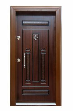 a wooden door with metal handles and two sidelights on the top, against a white background