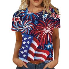 Season:Summer; Fabric:Polyester; Sleeve Length:Short Sleeve; Look After Me:Machine wash,Washable,Wet and Dry Cleaning; Gender:Women's; Style:Fashion; Elasticity:Micro-elastic; Tops Type:T shirt Tee; Occasion:Weekend,Independence Day; Top Length:Regular; Fit Type:Regular Fit; Pattern:American Flag; Design:Print; Neckline:Round Neck; Brand:Ador; Listing Date:05/06/2024; Clothing Shoulder Width:; Bust:; Length:; Sleeve:; Fit US Size:; Fit UK Size:; Fit EU Size:; Print Type:Hot Stamping Beach Tops Summer, Tunic Tops Summer, Ladies Tops Blouses, July Outfits, American Flag Tshirt, Tops For Women Casual, Womens Tops Dressy, Dressy Dress, Short Sleeve Shirt Women