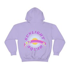 Retro Smile Flower Pink Purple Lavender Lilac Hoodie, Sunlight Squad Sweatshirt, Back Graphic Hoodie, VSCO Girl Oversized Trendy Tumblr Top in Rare Colors Mint, Safety Green, Violet and Orchid Large Back Print and front 4 in mini upper front center print. A unisex heavy blend hooded sweatshirt is relaxation itself.  The material is a thick blend of cotton and polyester.  This makes for a plush, soft feel alongside warmth.  There are no side seams.  A spacious kangaroo pocket hangs in front.  The hood's drawstring is the same color as the base sweater.   50% cotton, 50% polyester Medium-heavy fabric (8.0 oz/yd² (271 g/m Classic fit Tear-away label Runs true to size Order about 2 sizes up for an oversized fit! Lilac Hoodie, Smile Flower, Vsco Girl, Purple Lavender, Graphic Hoodie, Heavy Fabric, Graphic Hoodies, Kangaroo Pocket, Hooded Sweatshirt