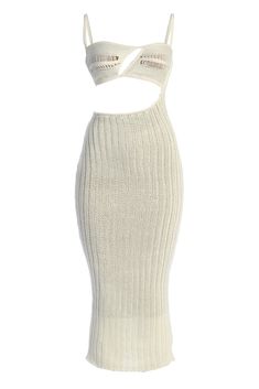 a women's white knit dress with cutouts on the sides and straps at the bottom