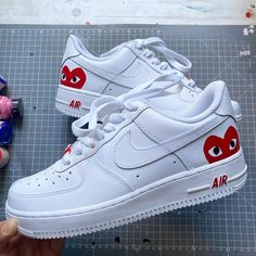 Custom Air Force 1 CDG-shecustomize Hand Painted Air Force 1, Nike Af1 Custom, Painted Air Force 1, Shoe Artwork, All White Sneakers, Custom Sneakers Diy, Af1 Custom, Painted Sneakers, Unique Sneakers