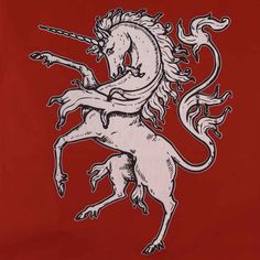 Whether you hail from Scotland or a different far off land, add magical style to your decor by hanging up the Heraldic Unicorn Banner in your home. The cotton twill banner comes in a range of color options with a distinctive unicorn design. The high-quality design features a unique printing method called direct to garment. The color of the rearing unicorn is white. Black edging borders the design and adds some wonderful detailing as well. The detailing especially shows off the beard and hooves t Heraldic Unicorn, Traditional Unicorn, Scotland Unicorn, Unicorn Woman, Pegasus Drawing, Medieval Unicorn, Medieval Banner, Unicorn Banner, Medieval Tattoo