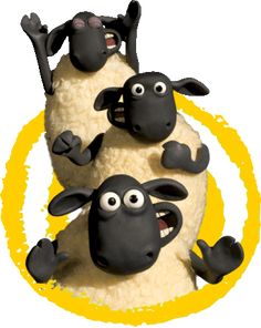 three black and white sheep standing next to each other in front of a yellow circle