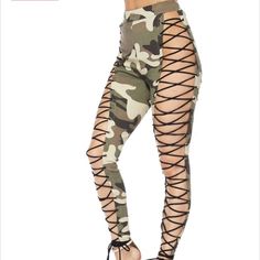 Camo Lace Up Pants Never Worn, Washed Once Spring Camouflage High-waisted Pants, Spring Fitted Camouflage Pants, Spring Fitted Camouflage Bottoms, Lace Up Pants, Pants Color, Black Green, Pant Jumpsuit, Camo, Pants For Women