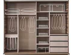 an open closet with clothes hanging on the shelves and drawers in front of each other