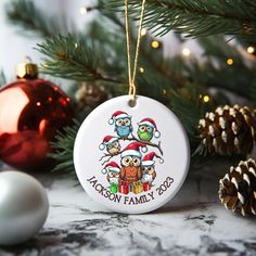 an ornament hanging from a christmas tree with owls and santa hats on it