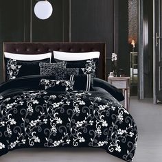 black and white bedding with floral designs