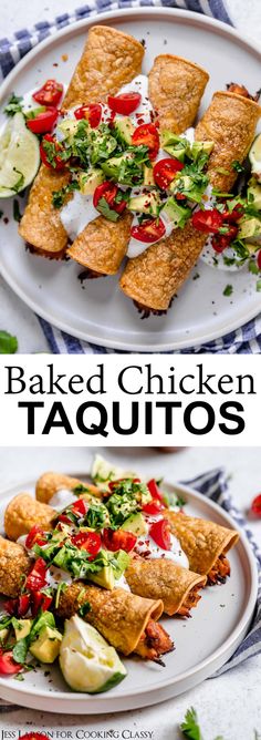 baked chicken taquitos with tomatoes, cucumber and lettuce on top