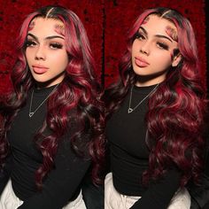 Dark Burgundy With Rose Red Highlights Body Wave HD Lace 13x4 Transparent Lace 180% Density Color Wigs Free Part Dark Burgundy Wig, Lace Front Body Wave, Burgundy Wig, Curly Human Hair Wig, Dark Burgundy, Body Wave Hair, Wave Hair, Peruvian Hair, Hair Texture