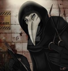 a painting of a person wearing a plague mask and holding two knives in front of a brick wall