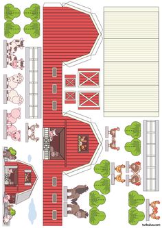 paper model of a barn with farm animals and people on it, including horses, cows,