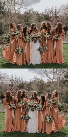 a group of women standing next to each other in front of trees and grass with flowers