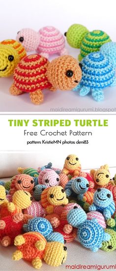 These cute, tiny turtles will be such a fun project to make, even if you are still at the beginning of your crafting journey. In the pattern, the shells are striped, but you can crochet them in single colors as well. As this is a tiny project, it will be perfect for leftover yarn odds and ends. #freecrochetpattern #turtle #amigurumi Crochet Turtle Pattern, Tiny Turtle, Crochet Turtle, Pola Amigurumi, Crochet Animals Free Patterns, Turtle Pattern, Crochet Amigurumi Free Patterns, Crochet Amigurumi Free, Quick Crochet