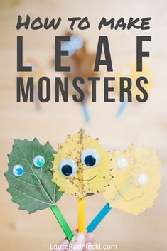 an image of how to make leaf monsters with paper leaves and googly eyeballs