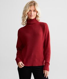 Red By BKE Turtleneck Sweater - Red X-Small, Women's Cabernet Ribbed knit tulip hem sweater Can be worn multiple ways Bust measures 40 on isze small Body length 20 on size small. 50% Viscose 28% Polyester 22% Nylon. Machine wash cold with like colors gentle cycle. Only non-chlorine bleach. Lay flat to dry. Cool iron if necessary.. Measurements: Bust -Fullest part of bust with arms at sides. Waist -Circumference of natural waist: above belly button below rib cage. Hips -Standing with feet togethe Knit Funnel Neck Tops For Fall, Fall Knit Tops With Funnel Neck, Fall Knit Funnel Neck Tops, Red Fine Knit Sweater For Layering, Fall Knitted Funnel Neck Tops, Red Fine Knit Sweater, Red Fine Knit Top For Fall, Red Turtleneck Sweater, Turtleneck Outfit