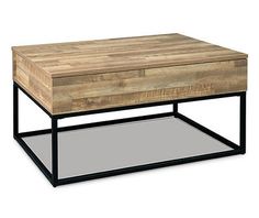 a wooden table with metal legs and a drawer on the top, against a white background