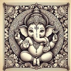 an intricately designed drawing of the hindu god ganesha, in black and white