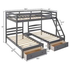 bunk bed with drawers underneath it and measurements for the bottom part of the bed below