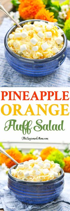 pineapple orange fluff salad in a blue bowl