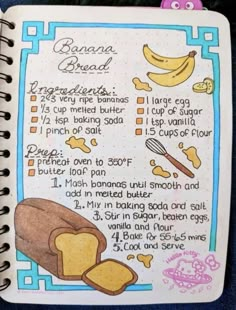 a recipe book with banana bread on it