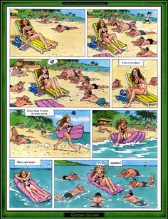 a comic strip with people on the beach