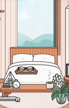 a bed room with a neatly made bed next to a large window and a potted plant