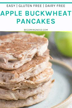 stack of apple buckwheat pancakes with text overlay