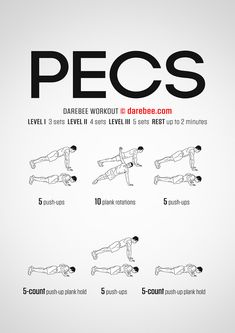 the pecs workout poster shows how to do it in 5 minutes or less, with instructions for each step