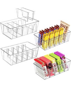 three clear storage bins with different types of juice and snacks in each one compartment