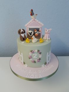 Cute farm themed birthday cake. Small Farm Birthday Cake, Farm Birthday Cake Girl, Pink Farm Cake, Farm Theme Birthday Cake, Farm Themed Birthday Cake, 2nd Birthday Cake Girl, Farm Themed Cake, Farm Birthday Cake, Farm Cakes