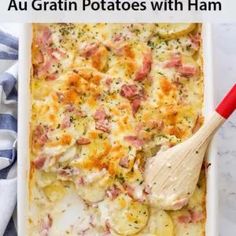 a casserole dish with ham and potatoes