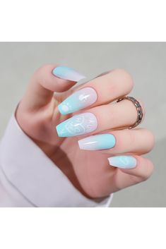 Jofay Fashion Press on Nails Medium - Ballerina Blue Ombre Fake Nails Heart Glue on Nails for Women Blue White Acrylic False Nail Kits Reusable Full Cover Stick on Nails, 24Pcs Sculpture Nail Art, Diy Home Salon, Nail Glue Gel, Nails Heart, Nail Kits, Sculptured Nails, Press On Nails Medium, Nails 3d, Gel Glue