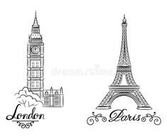 the eiffel tower in london and paris with lettering on white background - stock photo