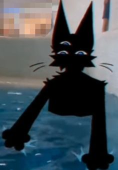 a black cat standing in the water with its eyes wide open and it's tail hanging out