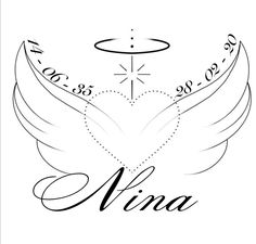 an angel with wings and the word's name written in cursive writing