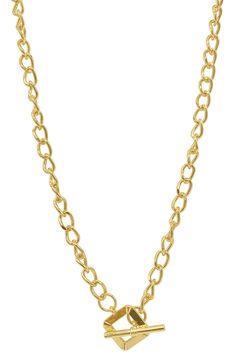 Water-resistant 14K yellow gold plating shines on a stainless steel curb chain necklace that features a unique front square toggle clasp. 16" chain length Toggle clasp This piece of jewelry is water-resistant and will not tarnish with water contact 14K yellow gold plated stainless steel Imported Gold-tone Toggle Necklace With Cable Chain, Gold Toggle Necklace With Cable Chain, Gold Chain Link Toggle Necklace Gift, Metal Toggle Necklace With Cable Chain, Gift Gold Chain Toggle Necklace, Metal Toggle Necklace With Cable Chain As Gift, Metal Toggle Necklace With Cable Chain For Gift, Curb Chain Necklace, Toggle Necklace