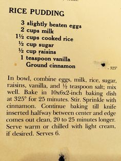 an old recipe for rice pudding with instructions